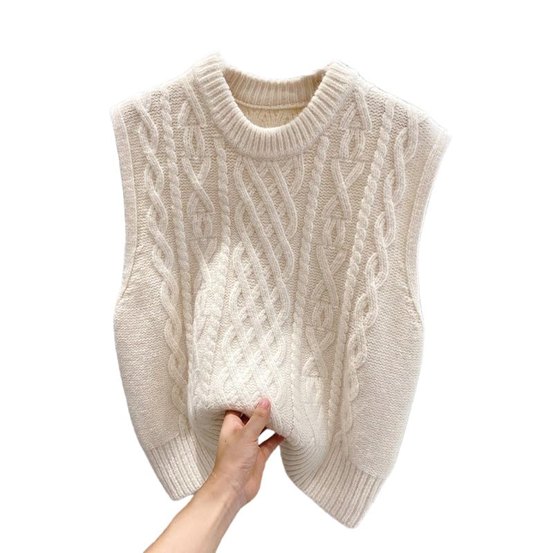RWGSNB Suéter Punto para Mujer Chaleco Elegante con Rayas Torcidas Sin Mangas Estilo Informal Estilo Preppy Cuello Redondo Top Punto Cálido para Otoño e Invierno Beige Talla S