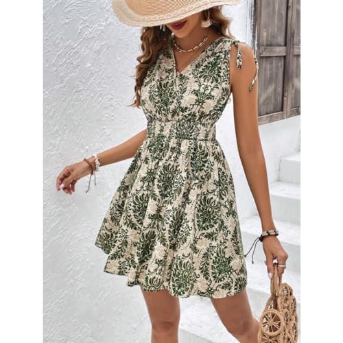 Women's Plain French V Neck A Shaped Short Skirt with Sleeveless Waist Slim Tie Shoulder Print Dress3