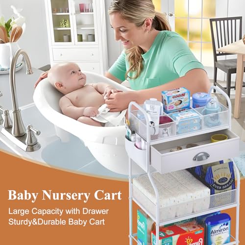 Baby Diaper Caddy Cart Organizer -3 Tier, Bedside Nursery Essentials Cart & Storage Holder for Newborn Baby Stuff, 2+1 Dividers, 1 Drawer,Rolling Utility Cart for Bedroom,Changing Table, Crib - Image 5