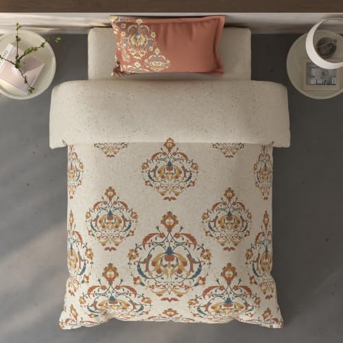 Image of Spaces Fiora Ornate Single Bedsheet with 1 Pillow Covers | 100% Cotton Bed Sheet | Percale Bedding Set | Super Soft & Breathable Bedsheet | Cream | 152 x 228 Cm