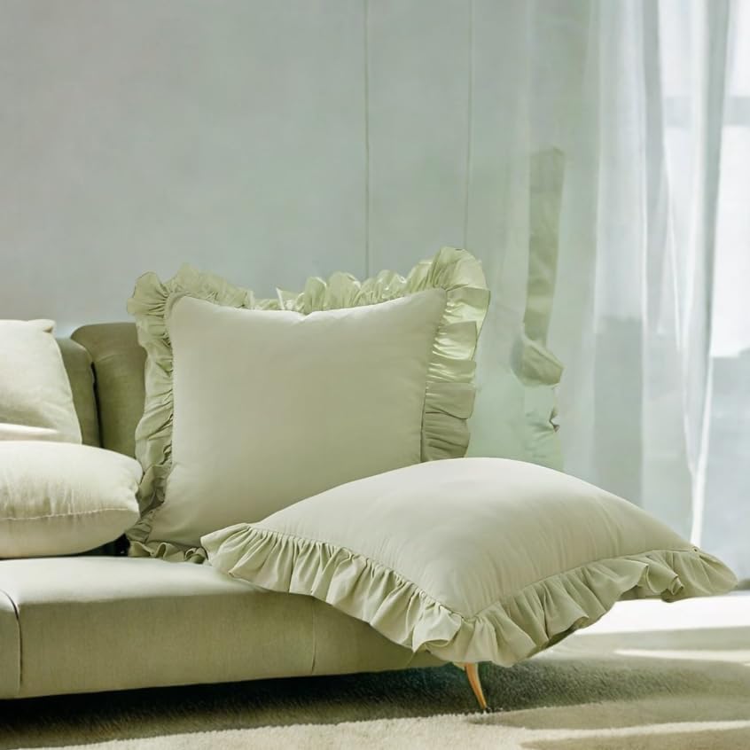 グリーンユーロピローシャム 装飾フリルコットン枕カバー シャビーシックピローケース 枕カバー 標準サイズ20** 20* コケット枕