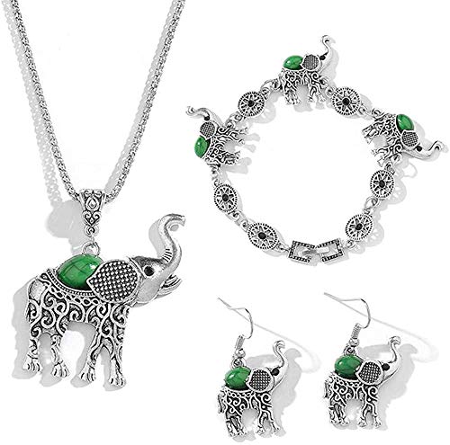 Young & Forever Rakhi Gift for Brother Sister Boho Gypsy Antique Silver Tribal Pendant Set for Women oxidised Turquoise Stone Lucky Elephant Drop Earring Bracelet Jewelry Set for Girls Fancy Fashion