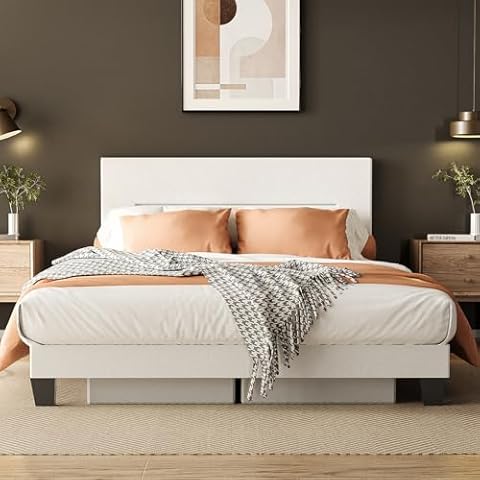 Miscoos Queen Size Platform Bed Frame with Upholstered Headboard and Metal Support – Sturdy, Noise-Free, No Box Spring Needed, Easy Assembly, Storage Space Cover