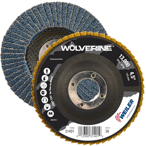 Image of Weiler 31401 Wolverine 4-1 /2 inch x 7 /8 inch Arbor Hole Abrasive Flap Disc, 36 Grit Zirconia Alumina, Flat Type 27, Phenolic Backing, Standard Density