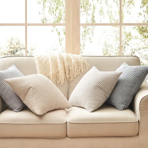 Image of Topfinel 4 Packs Neutral Decorative Throw Pillows Covers 26x26 Inch for Living Room Couch Bed Sofa, Rustic Farmhouse Boho Neutral Home Decor, Soft Plush Striped Corduroy Square Cushion Case 65x65 cm