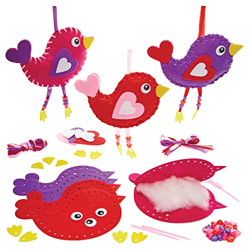 Baker Ross FX418 Bird Love Heart Sewing Kits - Pack of 3, Valentine's Sewing Craft Kits for Kids Purple, pink, red