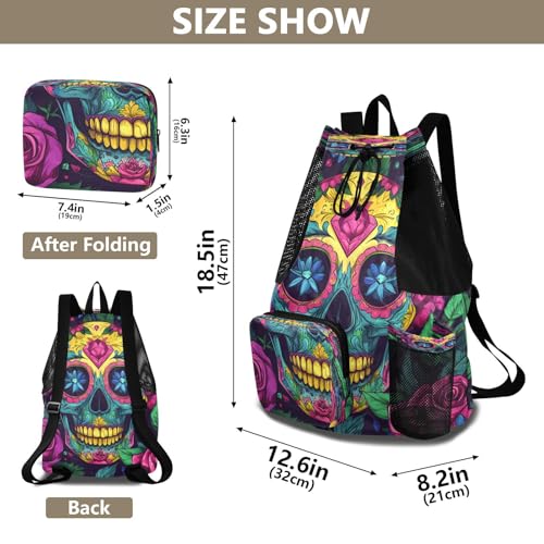 Mesh Gym Swimming Bags for Men & Women, Sugar Skull Rose Diamond Large Drawstring Backpack with Dry-Wet Pocket, Lightweight Gym Bag for Sports, Travel, Beach, Workout Gear2