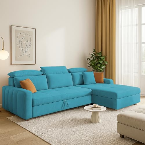 Image of Casaliving Gagnon RHS 4 Seater L Shape Corner Sofa Cum Bed for Living Room (Turquise Fabric) Premium Fabric Sofa