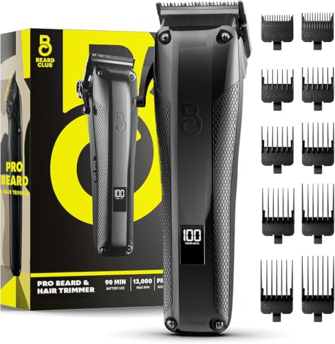 The Beard Club Pro Beard Trimmer for Men - Professional Mens Hair Trimmer for Barbers - Electric Cordless Rechargeable High Power 13 000 RPM - 10 Guides - Taper Lever - Diamond Like Carbon Blades