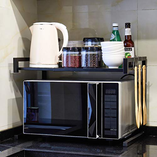 i BKGOO Expandable Metal Black Microwave Oven Rack Shelf Kitchen Supplies Tableware Storage Carbon Stainless Steel Counter Rice Cooker Stand Contains 2 Tiers with 3 Hook