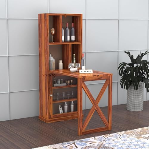 Image of SUNCOM Solid Sheesham Wooden Bar Cabinet for Home - Wooden Wine Rack for Home Bar - Foldable Modern Bar with Shelves & Glass Door Storage (Honey)