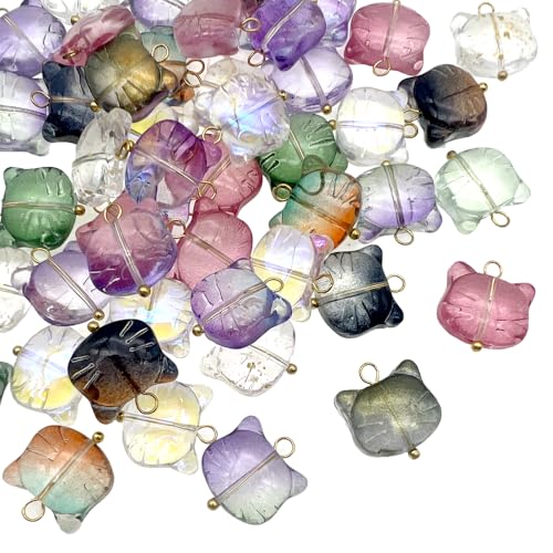 Boranran 50pcs Cat Face Glass Pendant Charms Multicolor Animal Drops (13x15mm)