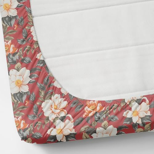 Image of KAWI Elastic Fitted Bedsheet Cotton Blend Double Bed with 2 Pillow Cover (72 inch X 78 inch)- Cream Colour-Light Red Floral Print