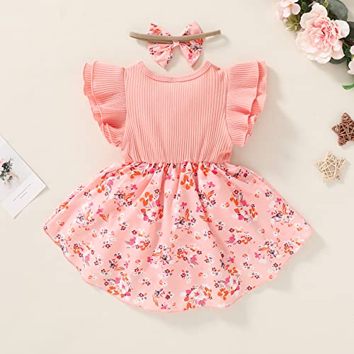 Newborn Infant Baby Girls Dress Floral Flutter Sleeve Dresses Ruffles Romper Skirts Summer Clothes Outfit Pink 0-3 M #TOP5