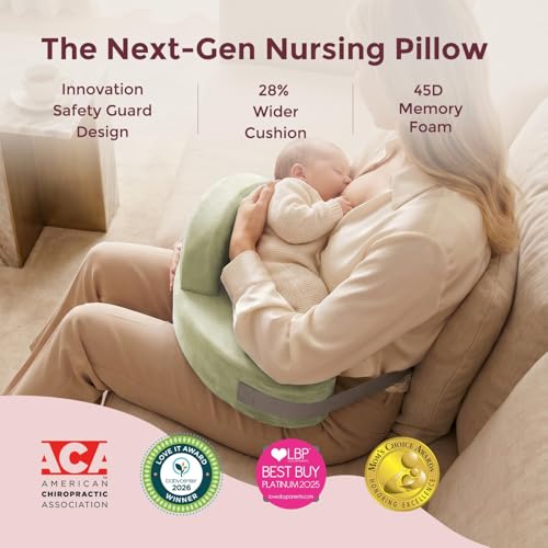 Image of Momcozy Innovative Safety Guard Nursing Pillow - Firm & Springy Memory Foam - Stable, Ergonomic Support & Comfort - Wider Breastfeeding Cushion, Adjustable, Removable Cover, Green