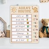 Personalized Wooden Chore Chart for Kids – Daily Routine Chart with Slider Buttons, Dry Erase Checklist Board, Reusable Task Tracker for Morning & Evening, Sun 01