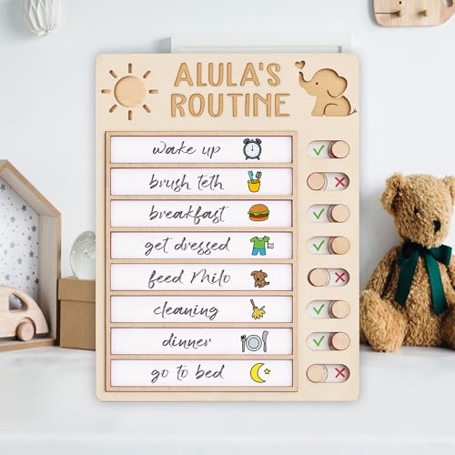 Personalized Wooden Chore Chart for Kids – Daily Routine Chart with Slider Buttons, Dry Erase Checklist Board, Reusable Task Tracker for Morning & Evening, Sun 01