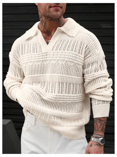 Men's Sheer Crochet Sweater See Through Long Sleeve Knit Collar V Neck Pullover Tops2