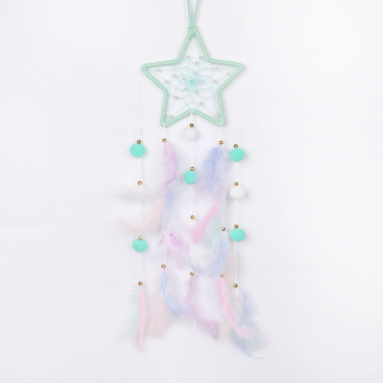 Pretty Jolly Green Star Kids Dream Catcher Wall Decor Pompom Feather Baby Dreamcatcher Handmade Children Dream Catcher Home Décor Wall Hanging for