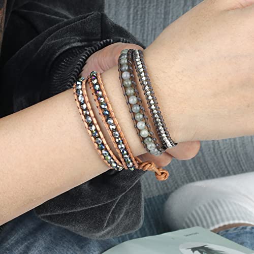 Image of KELITCH Natural Agate Onyx 2 Wrap Bracelets Handmade Leather Strand Bracelets Fashion Jewelry