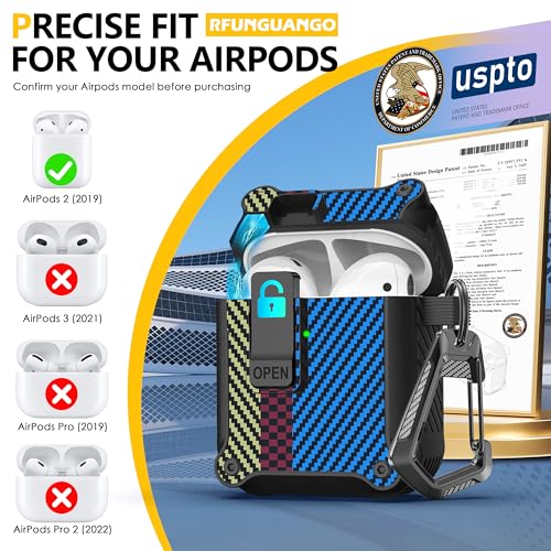 Image of RFUNGUANGO AirPods 2 Case with Lock Magnetic Lid, Carbon Fiber Blue