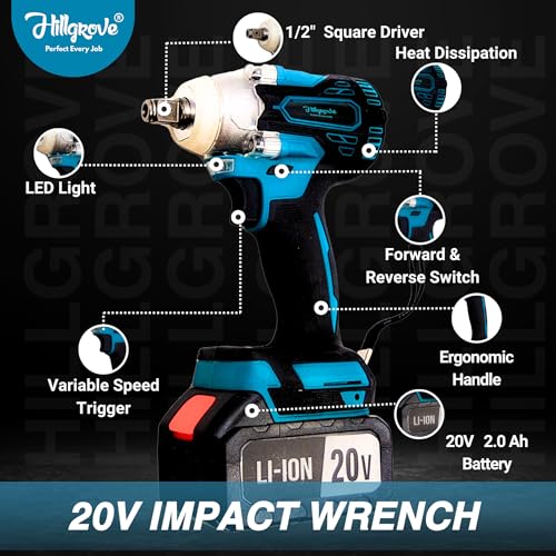 Image of Hillgrove HGCM1383M2 300Nm Electric Nut Bolt Open Wrench Machine Gun Cordless Impact Wrenches Battery