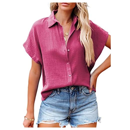Dokotoo Feminino Blusas De Verão, Decote Em V, Gola Virada Para Baixo, Manga Curta, Camisas Algodão, Lisas, Roupas Escritório, Casuais Elegantes, Tops, Roupa Resort, Rosa P