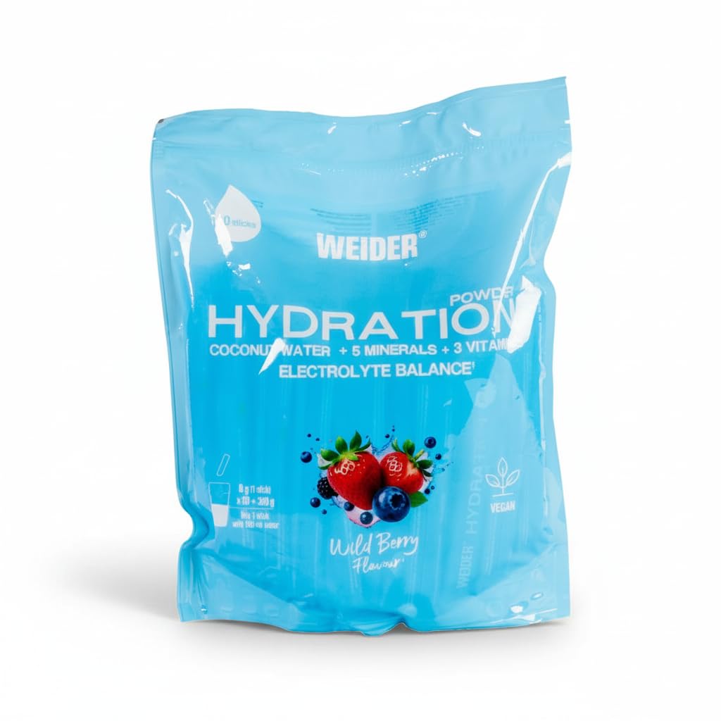 Mezcla de Electrólitos con Agua de Coco, Minerales y Vitaminas - Sabor Frutos Silvestres - 60 Sticks de 6g (360g) - Hidratación Vegana de Nivel Superior para Deportistas - Weider - NEXU