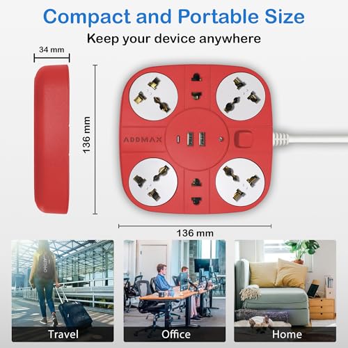Image of ADDMAX Extension Board with USB | 6 Power Sockets, 2 USB Ports + 1 Type-C Port | 1.8M Heavy Duty Cord | 10A 220V Multi Plug Extension Cord | Fireproof Power Strip for Home, Office & Laptop - Red