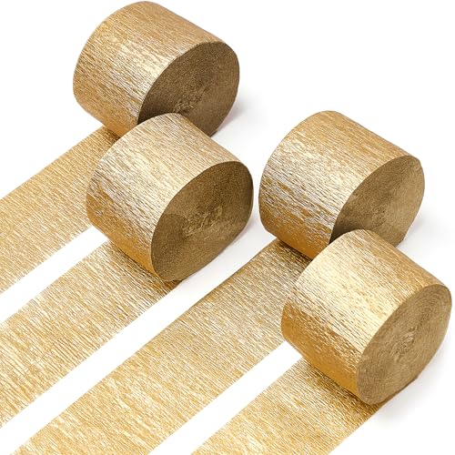 PartyWoo Gold Crepe Paper Streamers 4pcs 328ft Pack of Gold Crepe Paper for Wedding Birthday Baby Shower Engagement Anniversary New Year Eve Graduation Party Decorations(1.8 Inchx82 Ft/Roll)