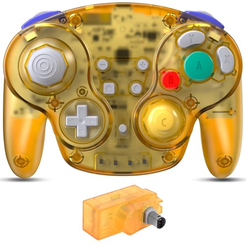 Image of Wireless GameCube Controller for NGC Console, 2.4 GHz Reciever Clear Yellow | (Built-in Vibration) (Rechargeable) (Analog Triggers / Stick) (Plug and Play)