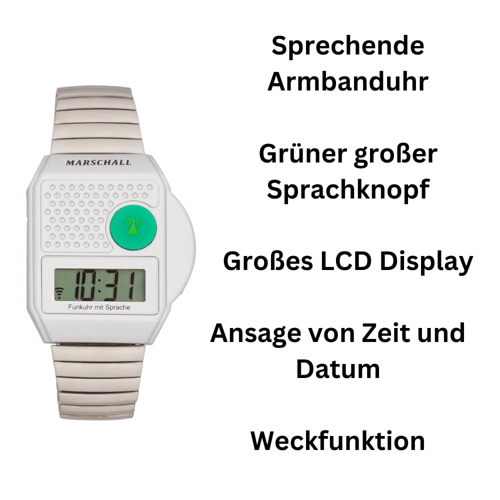Marschall Deutsch sprechende Digitale Funkarmbanduhr mit Metallzugarmband I 1110V I Silber I Ansage von Zeit und Datum I Weckfunktion I Großes LCD Display