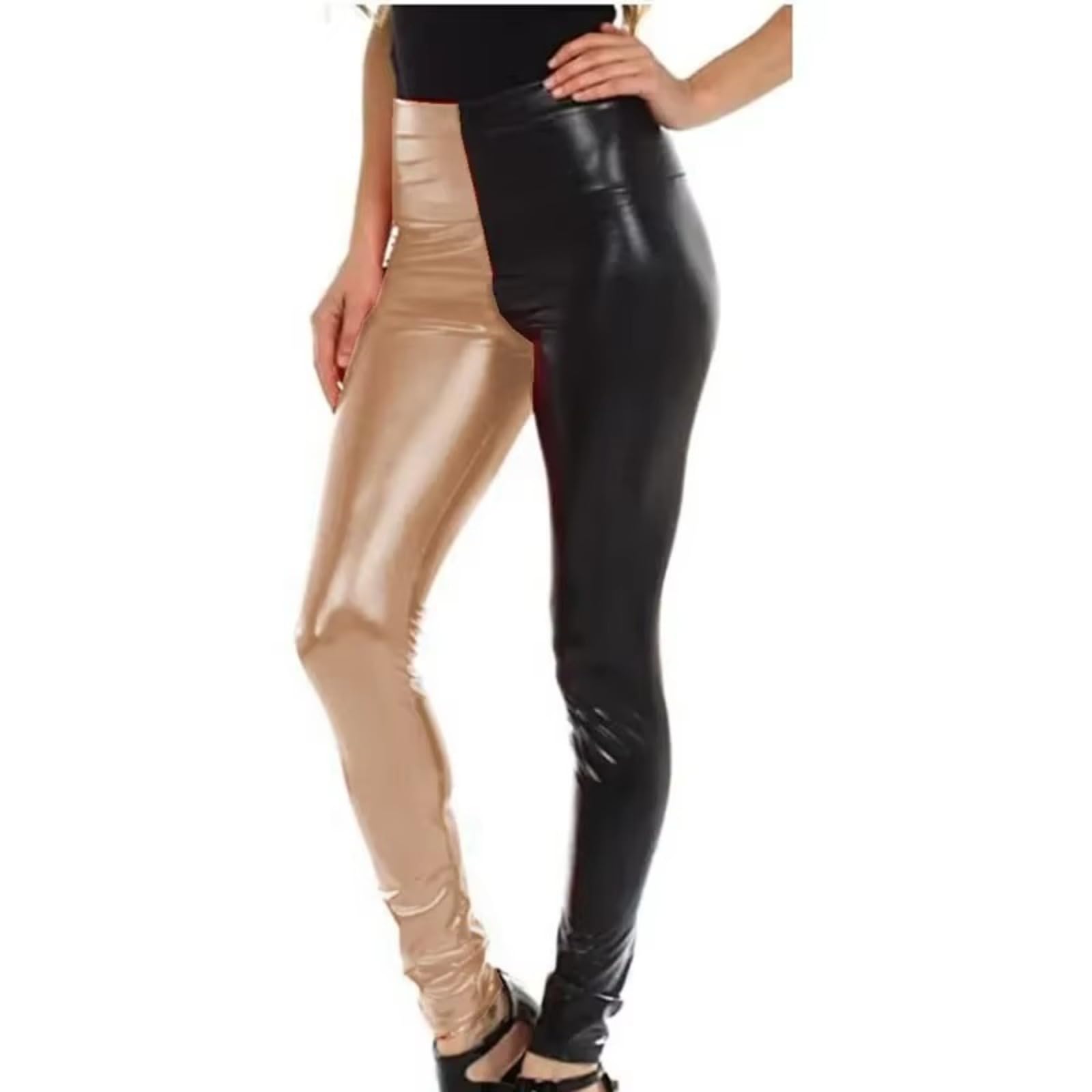 Damen-Stretch-Hose, zweifarbig, glänzende Leder-Leggings, kontrastfarbene Stoffbahnen, Skinny-Hose mit hoher Taille, Kunstleder, Tanz-Yogahose