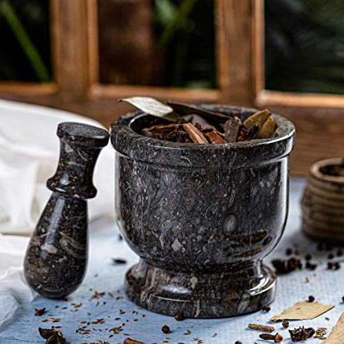 Marblous Krafts Marble BIG 17 oz and 5 x 5 inches mortar and pestle set Grinder for spices and seeds, pill crusher and marble kitchen accessories for Indian spices and seasonings set (Oceanic) - Thumbnail 3
