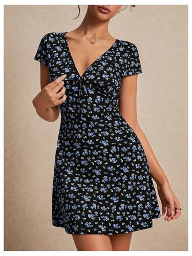 Image of Milumia Women's Boho Disty Floral Mini Dress Deep V Neck Short Sleeve A Line Short Dress Dark Blue