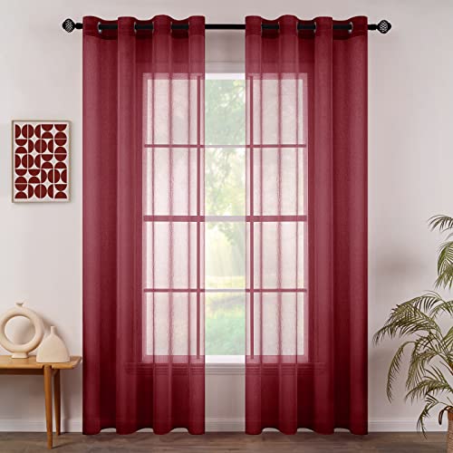 MIULEE 2er Set Sheer Voile Vorhang mit Ösen Transparente Gardine aus Voile Polyester Ösenschal Transparent Wohnzimmer Luftig Dekoschal für Schlafzimmer 140 X 225 cm (B x H), Rot