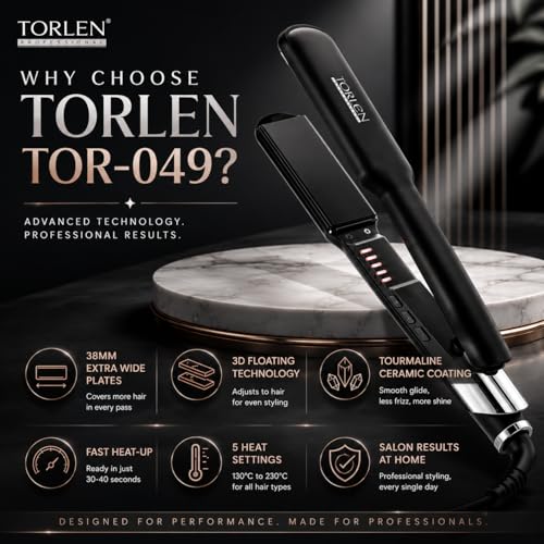 Image of TORLEN Professional Hair Straightener TOR-049 | Wide 38mm Tourmaline Ceramic Floating Plates | 5 Temperature Settings 130C-230C | Fast 30 Sec Heat Up | Auto Shut Off | Hair Straightener for Thick, Long & Frizzy Hair