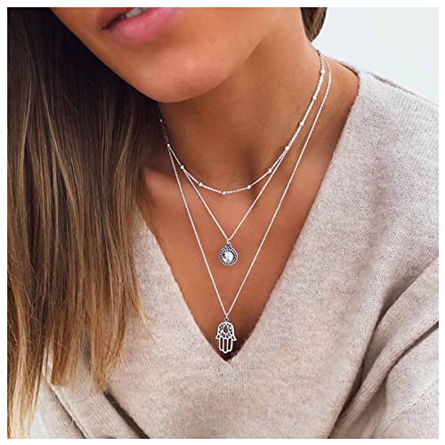 Dervivea Bohemia Hamsa Hand Collar Vintage Layered Moonstone Gargantilla Collar Cristal Disco Colgante Collar Cadena Plata Satélite Collar Cadena Joyería para Mujeres y Niñas Cover