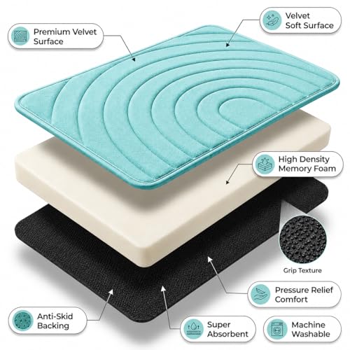 Image of Premium Memory Foam Bath Mat | 40x60cm Super Absorbent Velvet Bathroom Rug | Non-Slip Machine Washable Floor Mat (Aqua Mist)