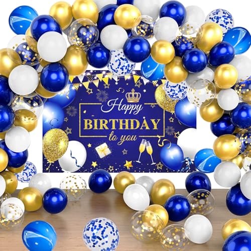 YinQin Set di 63 palloncini blu oro per feste di buon compleanno con sfondi fotografici sfondi banner panno coriandoli palloncino blu navy reale dorato Happy Birthday forniture decorazioni per ragazze