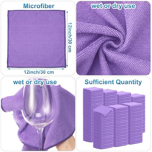 Image of Tenare 100 Pack 12'' x 12'' Microfiber Cleaning Cloths Reusable Cleaning Rags Bulk Microfiber Towels Softer Highly Absorbent Washcloths for House Kitchen Car Window(Purple)