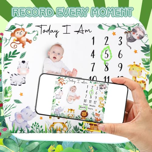 Image of Baby Milestone Blanket for Baby Boy, Animals Baby Monthly Milestone Blanket Safari Baby Growth Blanket Newborn Photography Background with Wooden Signs, Frames, Bandana