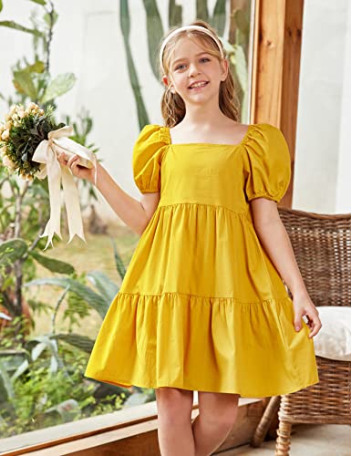 Arshiner Girls Dress Puff Sleeve A-Line Classic Elegant Beach Ruffled Loose Tiered Ruffle Casual Dresses Square Neck4