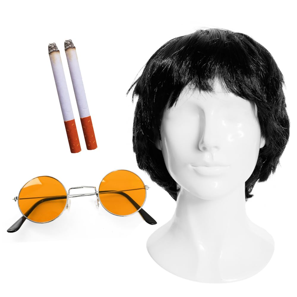 Adults Rock Band Accessory Set - Black Wig, Round Orange Glasses, 2 Fake Cigarettes - Adults 4-Piece Music Best of British Party Fancy Dress Costume Accessory Set โ image 1