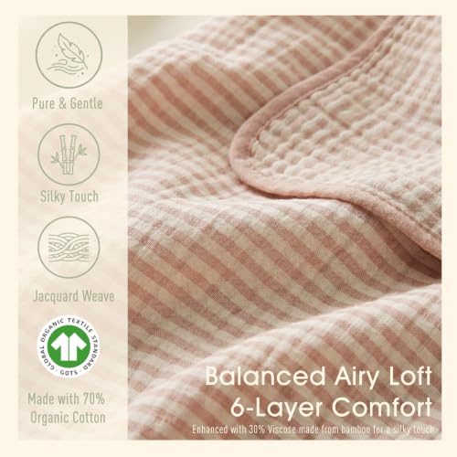 Image of Ultra Soft Muslin Baby Blanket - Made with Organic Cotton, Earthy Botanicals Jacquard Swaddle & Crib Quilt, 43x43 (Dusty Pink Stripes)