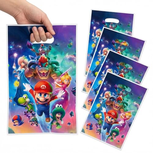 SHSAIEDHA 50 Pcs Mario Birthday Party Favor Bags Super Bros Plastic Gift Bags Cute Cartoon Birthday Party Candy Snack Bag