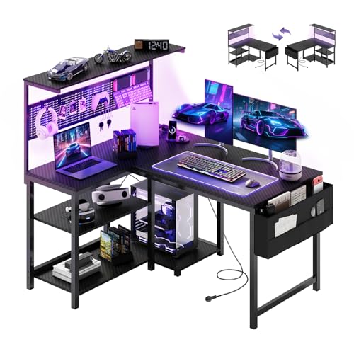 YOUDENOVA Gaming Schreibtisch L-Form mit LED, Steckdose, Wendbarer Eckschreibtisch mit Regal & Lochwand, 120x80cm Computertisch mit Stauraum, Gamer Tisch für Homeoffice & Gamer Carbonfaser Schwarz