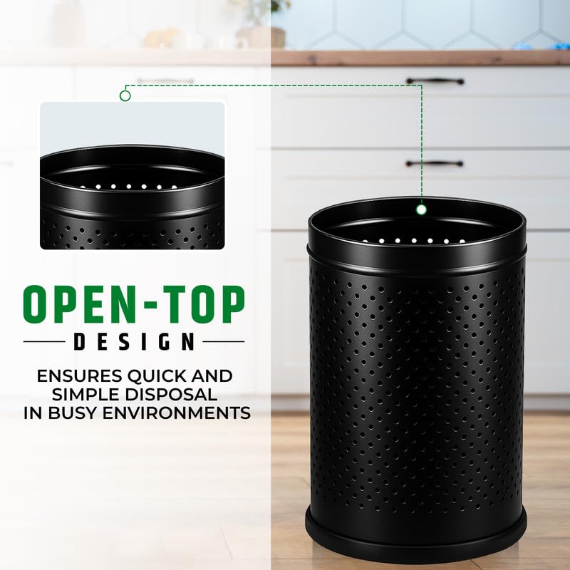 Image of Robustt Stainless Steel Perforated Design Open Top Dustbin - 18L | 10Inch (W) x 14Inch (H) Black Trash Can with Anti-skid Base | For Bathroom, Bedroom, Kitchen & Toilet or Commericial Use - Pack of 1