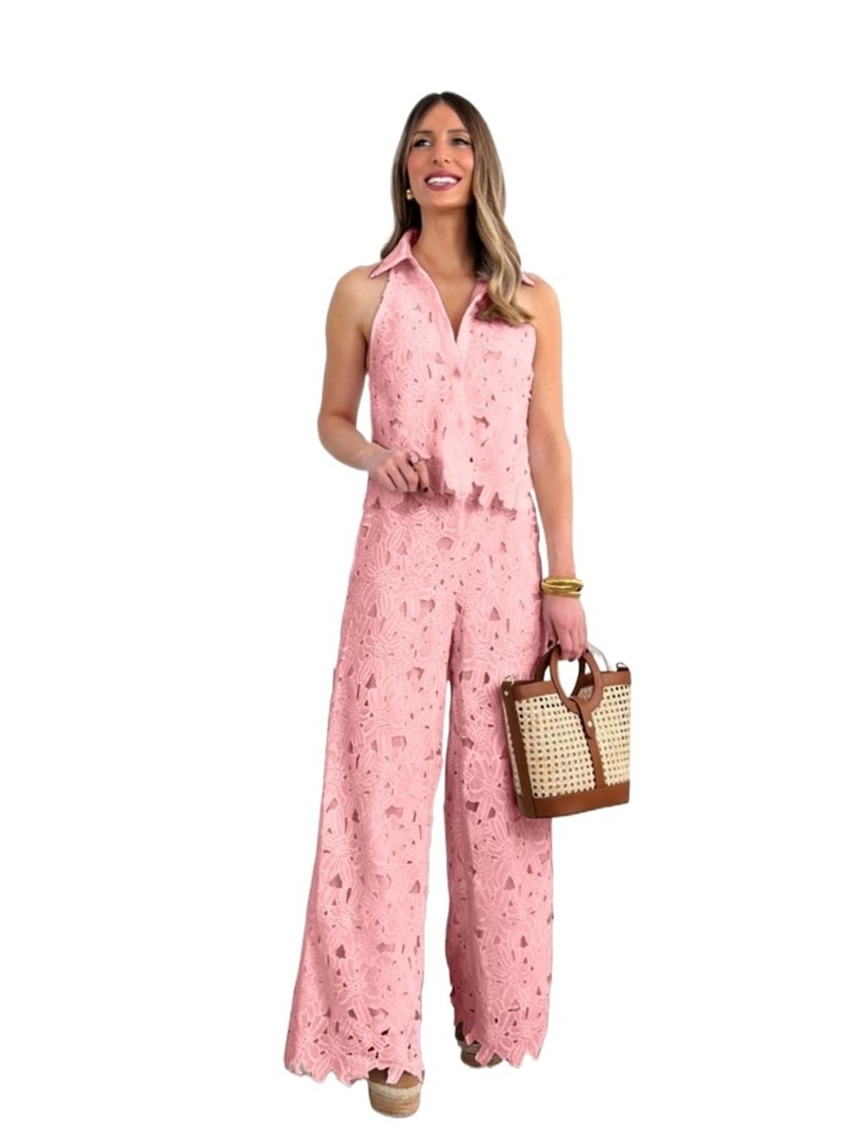Conjunto Mujer de Verano Cárdigan con bordado de encaje, chaleco y pantalones anchos, conjunto 2 piezas elegante verano for mujer, traje oficina largos Para viajar