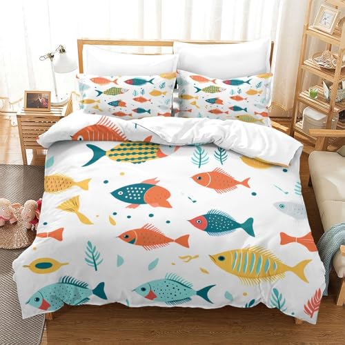 Housse de couette poisson 3D lit simple 140x200 avec fermeture éclair